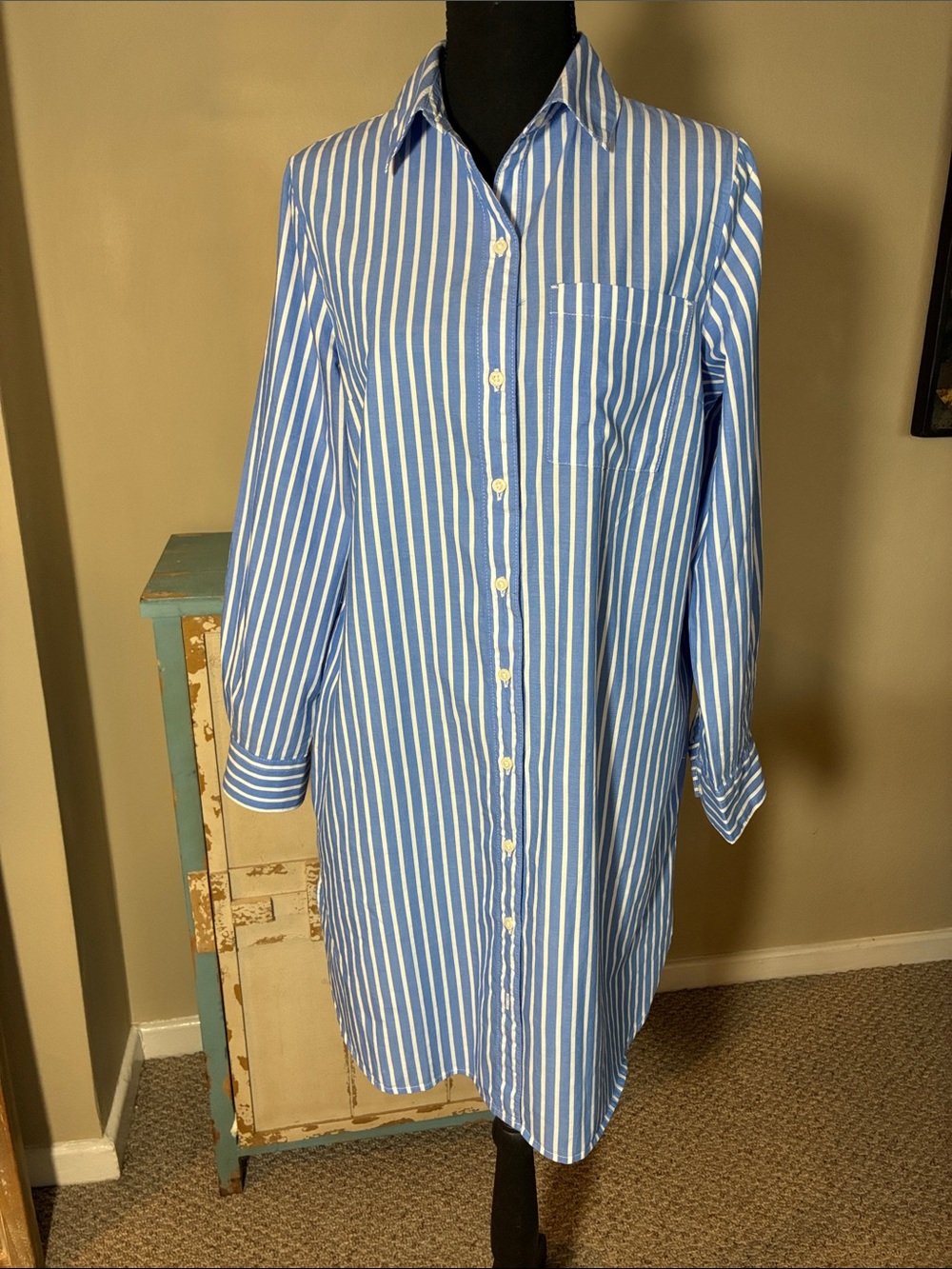Old Navy Blue and White Striped Midi Shirt Dress